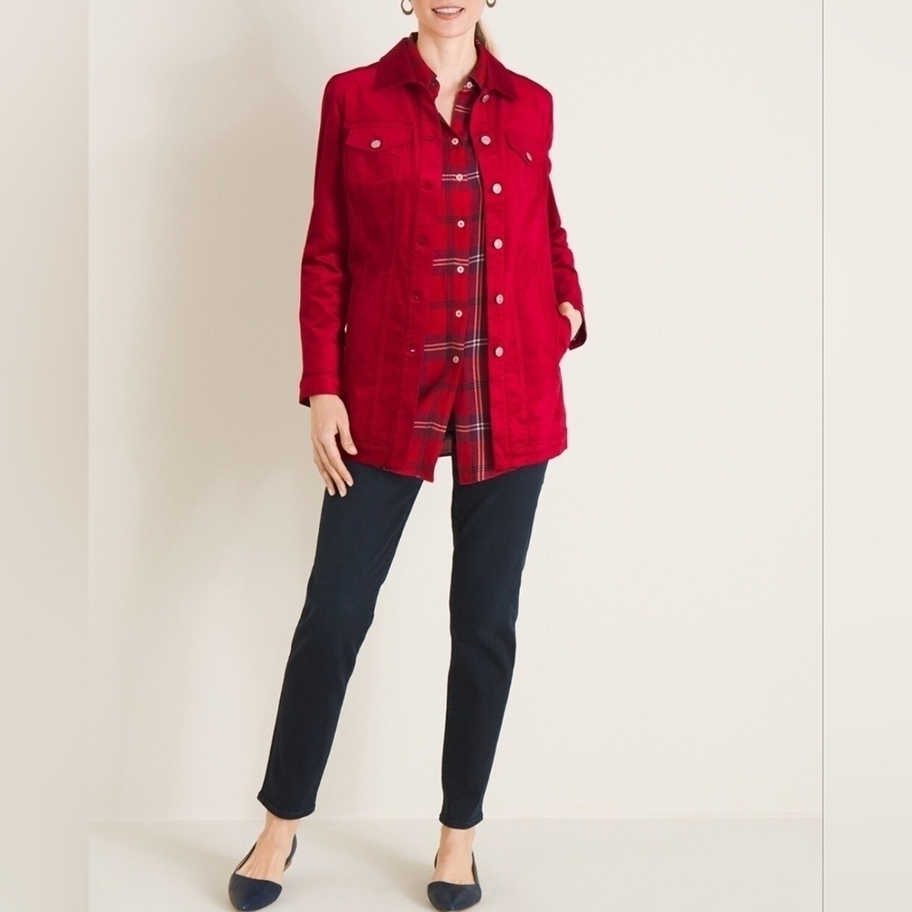 Chico's Elongated Velveteen Jacket Red Velvet Long Trucker Shacket Coat Size 2P